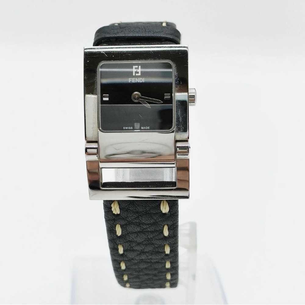 Fendi Silver Case Watch with Black Leather Strap